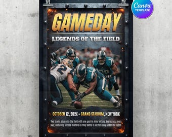 Cinematic Football Gameday Poster Template, Editable Canva A3 Team Flyer, Player Spotlight, Pro Style Sports Wall Art for Coaches & Fans
