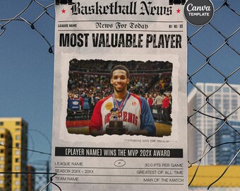 Basketball MVP Newspaper Poster Canva, Vintage Newsprint A3, Custom Player Award Print, Personalized Wall Art Gift, Instant Download