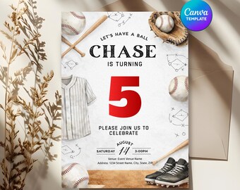 Rookie Baby Baseball 5th Birthday Party Canva Template, Custom Kids Invitation Card, Editable Boys Vintage Sport Celebration Print