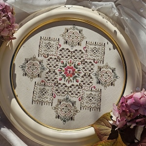 Può includere: Un telaio da ricamo circolare contenente un pezzo di tessuto beige con un intricato motivo a punto croce. Il design presenta un motivo floreale centrale rosa e verde circondato da quadrati geometrici simmetrici simili a pizzo color crema e marrone.