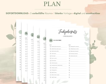 May include: A stack of printable cleaning checklists with the text "FRÜHJAHRSPUTZ PLAN" at the top. The checklists are white with green leaf accents and include the text "SOFORTDOWNLOAD" and "CHECKLISTE".