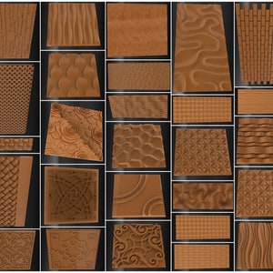 May include: A collection of 25 different wood panel designs. The panels are all brown and have various patterns, including geometric, floral, and abstract designs.