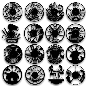 16 projecten Decor Hairstyling Kapsel Barbershop teken Muur, Kunst, Vinyl, Record, Wandklok, Laser Cut Vector, dxf, dwg, Svg, Digitaal, bestand,