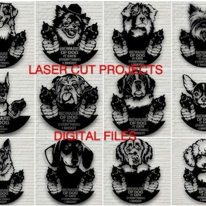 Könnte beinhalten: Ein Set mit 10 schwarzen und weißen digitalen Laserschneidedateien, die verschiedene Hunderassen mit dem Text "Beware of Dog It Eats Everything I Shoot" zeigen.