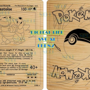 May include: Wooden Pokémon card featuring a Blastoise illustration, with text including "Blastoise," "100 HP," and attack details. The card's dimensions are 5" 3" long and weighs 188.5 lbs. The reverse side displays the Pokémon logo.