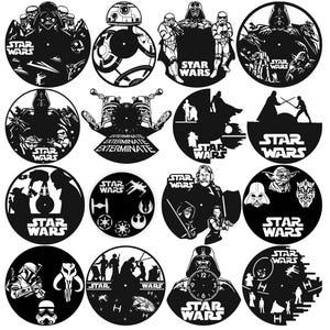 May include: A collection of black and white Star Wars themed wall clocks. Designs include Darth Vader, BB-8, and various characters. Each clock features the Star Wars logo and iconic imagery.