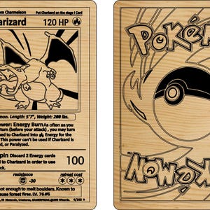 May include: Wooden Charizard Pokémon card featuring a detailed outline of the character and text. The card's front displays the Charizard illustration, stats, and attack details. The back features the Pokémon logo and design.