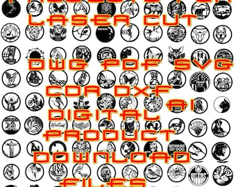May include: A collection of 64 black and white circular designs, including animals, plants, and geometric patterns. The designs are labeled with the text "Projects for Laser Cut, DWG, PDF, SVG, COR, DXF, AI, Digital Product Download Files".