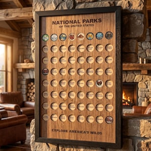 US National Parks Tracker Map, Wooden Travel Checklist, Illustrated Disc Marker Map Personalized Push Pin Wall Art