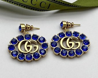 Vintage Gucci Blue Gemstones Hoop Earrings GG Brass Stud Earrings