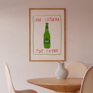 Una Cerveza Por Favor プリント、ビールポスター、楽しいバーの壁飾り、ミッドセンチュリー デジタルアート、バーカートプリント、レトロドリンクプリント、ダウンロード可能なアート