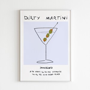 Vuile martini print-modern cocktailrecept kunst aan de muur, barwagen decor, handgetekende drankje poster voor keuken of eetkamer, cocktailliefhebber cadeau
