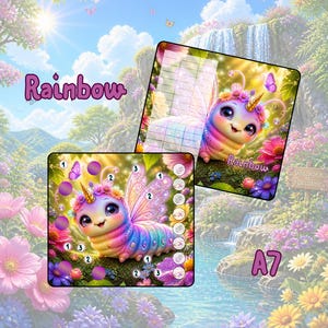 Könnte beinhalten: Ein digitaler Kunstdruck einer bunten Raupe mit Schmetterlingsflügeln, einem goldenen Horn und einem Blumenkranz. Das Bild enthält den Text Rainbow und A7 sowie nummerierte Kreise und Gitterlinien über der verspielten Gartenszene.