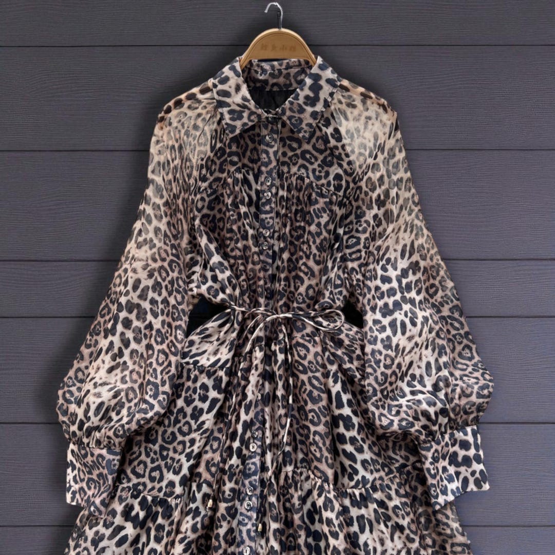 Leopard Print Maxi Dress - Long Sleeve Belted Animal Gown Leopard Print Maxi Dress - Long Sleeve Belted Animal Gown