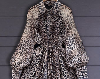 Vestido largo con estampado de leopardo – Vestido animal de manga larga con cinturón