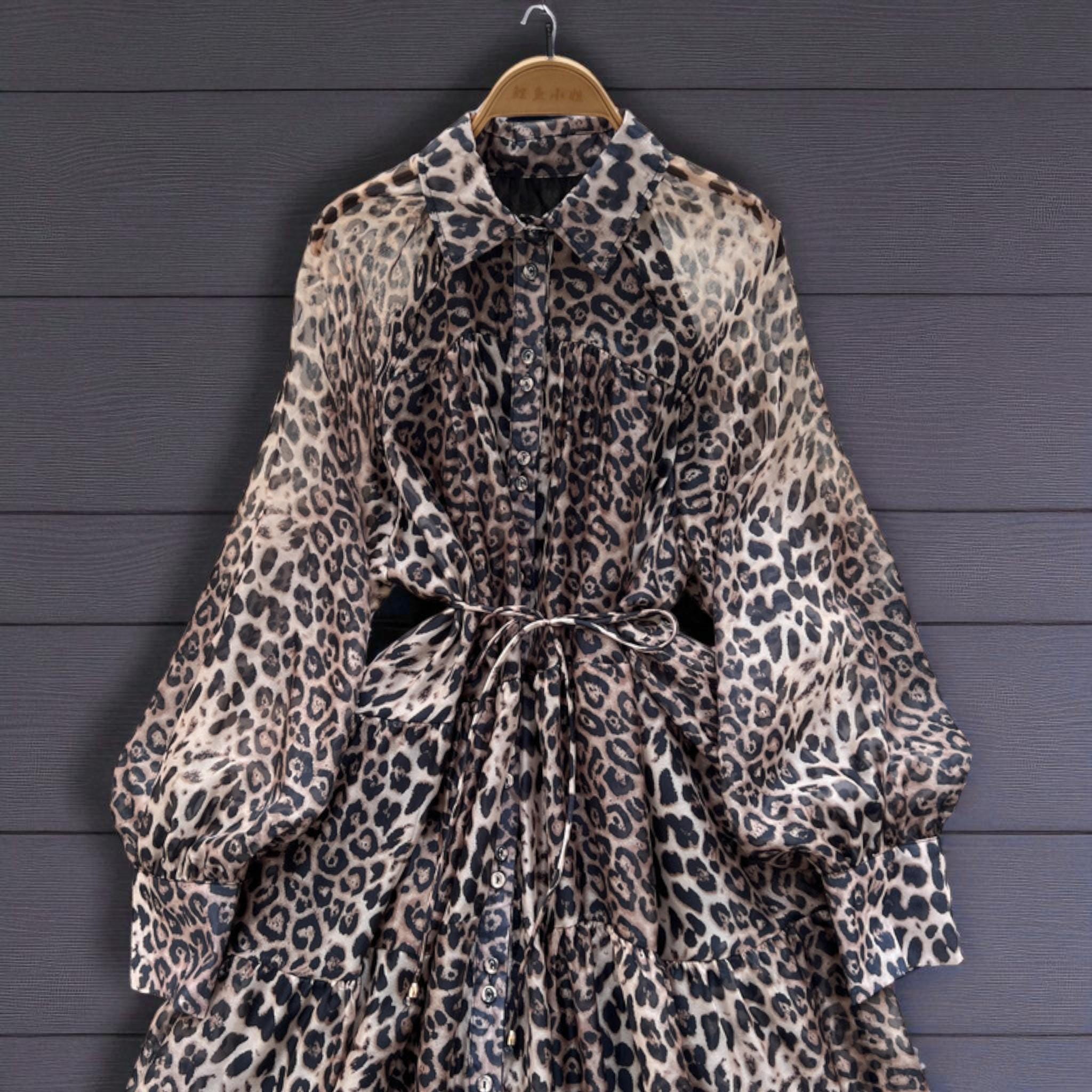 Leopard Print Maxi Dress - Long Sleeve Belted Animal Gown