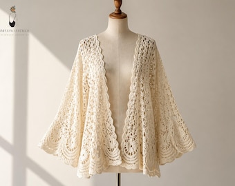 Cárdigan corto de encaje de ganchillo / Chaqueta de manga corta con estampado floral calado