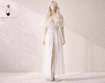 Sukienka maxi narzutka | Sukienka plażowa z koronkowymi zdobieniami, z kopertowym przodem, z dekoltem w serek, w stylu kurortowym