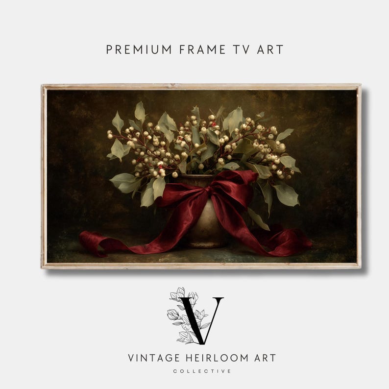 A vintage Christmas painting of mistletoe in a vase tied with a deep red bow. The artwork features warm golden and earthy tones, creating a moody, candle-lit atmosphere perfect for old-world Christmas décor. Ideal for Samsung Frame TV, this digital download adds elegance and nostalgia to any home, pairing beautifully with vintage, rustic, or dark academia holiday interiors.