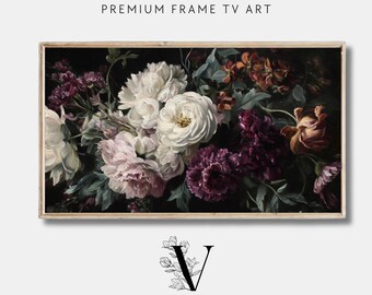 Peut inclure: Une impression florale encadrée avec un fond sombre, présentant des fleurs blanches, roses et violettes. Le texte "PREMIUM FRAME TV ART" est en haut et "VINTAGE HEIRLOOM ART COLLECTIVE" en bas.