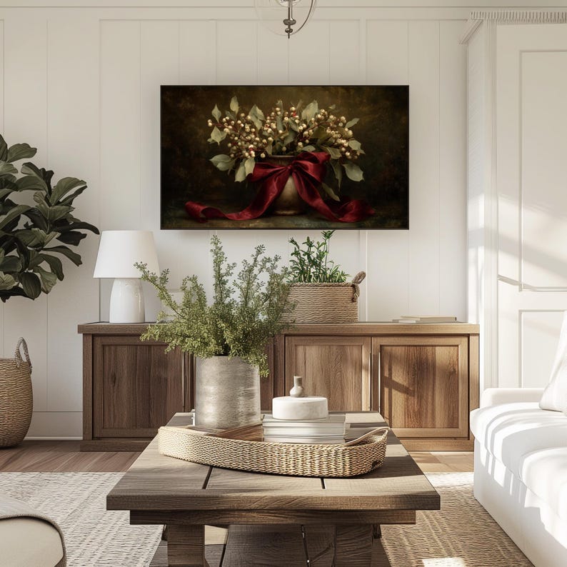 A vintage Christmas painting of mistletoe in a vase tied with a deep red bow. The artwork features warm golden and earthy tones, creating a moody, candle-lit atmosphere perfect for old-world Christmas décor. Ideal for Samsung Frame TV, this digital download adds elegance and nostalgia to any home, pairing beautifully with vintage, rustic, or dark academia holiday interiors.
