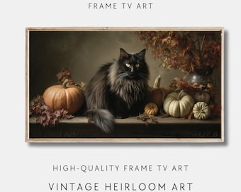 Quadro de Halloween para TV, arte, gato preto e abóbora, outono, Halloween, Samsung Frame, arte para TV, estilo vintage assustador, pintura a óleo texturizada, decoração de Halloween