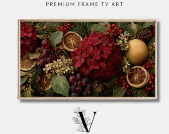 Vintage Weihnachtsstillleben-Rahmen TV-Kunst, schwermütige Feiertagsmalerei, tiefrotes u. Goldbauernhaus-Weihnachtsdekor, Samsung-Rahmen digitaler Download
