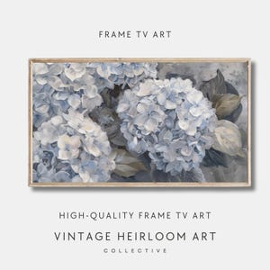 Könnte beinhalten: Gerahmtes Kunstwerk mit hellblauen Hortensienblüten. Das Kunstwerk hat eine Vintage-Ästhetik, mit dem Text "FRAME TV ART" oben und "HIGH-QUALITY FRAME TV ART" und "VINTAGE HEIRLOOM ART" unten. Geeignet für TV-Dekoration.