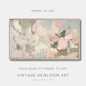 May include: Abstract painting in a light wood frame with soft pink, green, and grey brushstrokes. The painting has a vintage, heirloom aesthetic.