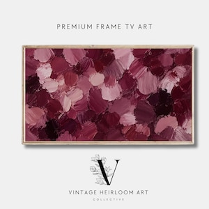 Może przedstawiać: Prostokątna grafika cyfrowa na ekran telewizora z napisem PREMIUM FRAME TV ART, przedstawiająca obraz olejny w stylu impasto z nakładającymi się kolistymi pociągnięciami pędzla w odcieniach burgunda, bordo, wrzosu i jasnego różu.