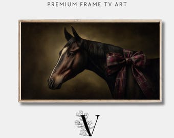 Reiter Weihnachten Bilderrahmen TV Kunst, Ralph Lauren Urlaub Pferdedekor, launischer Tartan Bogen Pferdeportrait, digitaler Download für Samsung Frame TV
