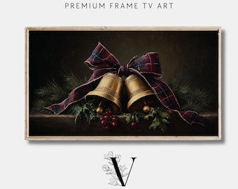 Ralph Lauren Weihnachten inspirierte Rahmen TV Kunst, Klassische Erbliche Weihnachten, Moody Urlaub Dekor, Tartan Bogen Weihnachtsglocken Ölgemälde