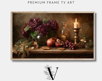 May include: A framed digital art print featuring a still life with a vase of deep purple hydrangeas, pomegranates, grapes, and a lit candle. The artwork has a vintage aesthetic, with the text "PREMIUM FRAME TV ART" at the top.