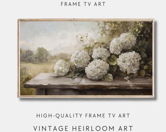 White Hydrangeas Frame TV Art: Rustic Farmhouse Floral (Digital Download)