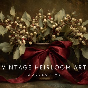 A vintage Christmas painting of mistletoe in a vase tied with a deep red bow. The artwork features warm golden and earthy tones, creating a moody, candle-lit atmosphere perfect for old-world Christmas décor. Ideal for Samsung Frame TV, this digital download adds elegance and nostalgia to any home, pairing beautifully with vintage, rustic, or dark academia holiday interiors.