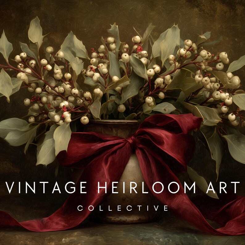 A vintage Christmas painting of mistletoe in a vase tied with a deep red bow. The artwork features warm golden and earthy tones, creating a moody, candle-lit atmosphere perfect for old-world Christmas décor. Ideal for Samsung Frame TV, this digital download adds elegance and nostalgia to any home, pairing beautifully with vintage, rustic, or dark academia holiday interiors.