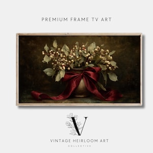A vintage Christmas painting of mistletoe in a vase tied with a deep red bow. The artwork features warm golden and earthy tones, creating a moody, candle-lit atmosphere perfect for old-world Christmas décor. Ideal for Samsung Frame TV, this digital download adds elegance and nostalgia to any home, pairing beautifully with vintage, rustic, or dark academia holiday interiors.