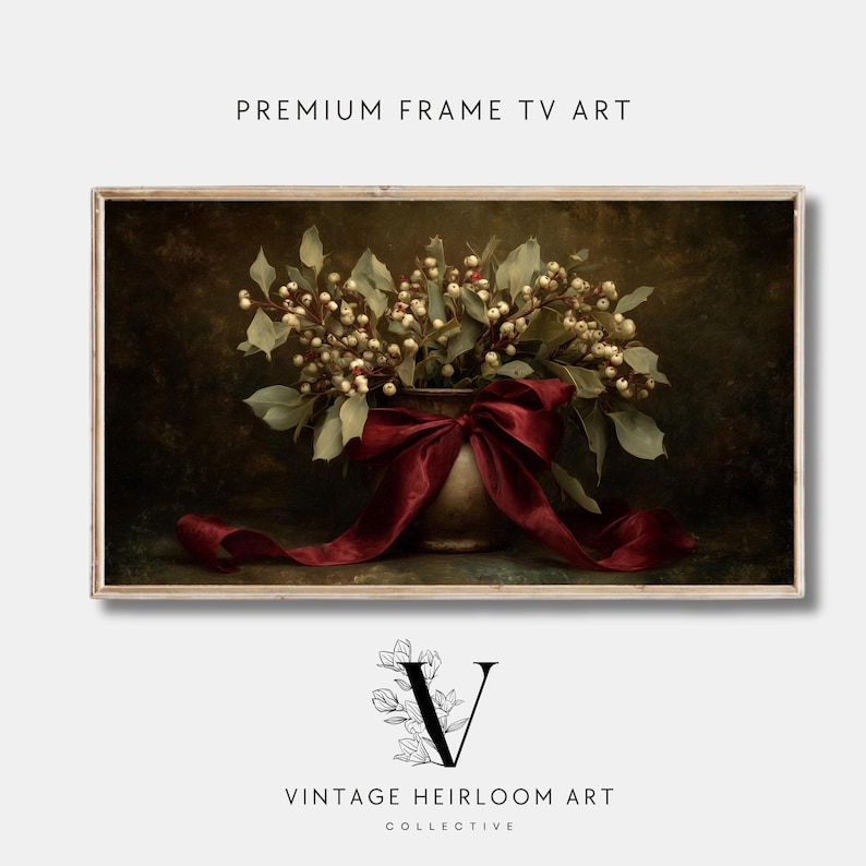 A vintage Christmas painting of mistletoe in a vase tied with a deep red bow. The artwork features warm golden and earthy tones, creating a moody, candle-lit atmosphere perfect for old-world Christmas décor. Ideal for Samsung Frame TV, this digital download adds elegance and nostalgia to any home, pairing beautifully with vintage, rustic, or dark academia holiday interiors.