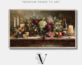 May include: A framed digital art print featuring a still life with flowers, fruit, candles, and a wine bottle. The artwork has a vintage aesthetic, with the text "PREMIUM FRAME TV ART" at the top and "VINTAGE HEIRLOOM ART COLLECTIVE" at the bottom.