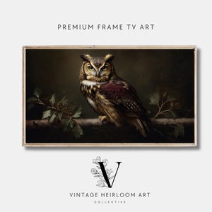 May include: A framed digital art print featuring a detailed illustration of a Great Horned Owl perched on a branch. The owl has brown and white feathers with a maroon chest. The artwork is labeled "PREMIUM FRAME TV ART" and "VINTAGE HEIRLOOM ART COLLECTIVE."