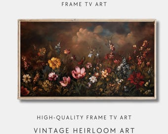 Fall Floral Frame TV Art, Dark Moody Vintage Autumn Flowers Painting, Dark Wildflowers Frame TV Art, Rustic Fall Decor, Thanksgiving Tv Art