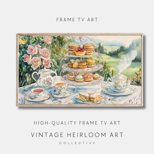 May include: A watercolour painting depicting a tea party scene with a three-tiered cake stand laden with pastries, a teapot and teacups on a white tablecloth with a floral pattern. The scene is set in a garden with green trees and a blue sky in the background.