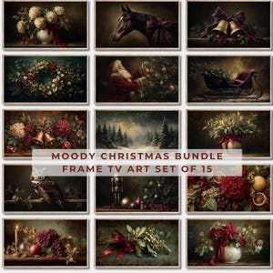 Op de afbeelding: Een verzameling van 15 ingelijste kunstprints met een somber kerstthema. De set bevat afbeeldingen van een paard, de kerstman, klokken, kransen en bloemstukken. De tekst op de afbeelding luidt "MOODY CHRISTMAS BUNDLE FRAME TV ART SET OF 15."