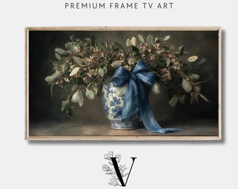 Arte de TV con marco de jarrón de cinta navideña estilo chinoiserie, pintura botánica invernal, bodegón vintage con muérdago para Samsung Frame TV (descarga digital)