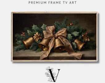 May include: A framed digital art print featuring a still life of gold bells, a large bow, and greenery. The artwork has a vintage aesthetic, with the text "PREMIUM FRAME TV ART" at the top and "VINTAGE HEIRLOOM ART COLLECTIVE" at the bottom.