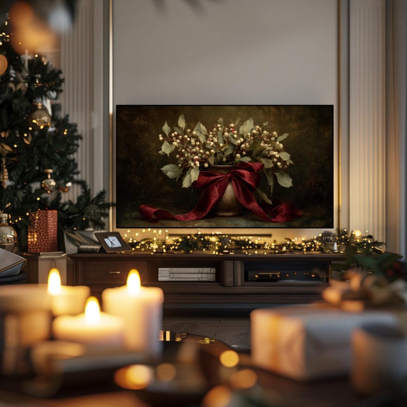 A vintage Christmas painting of mistletoe in a vase tied with a deep red bow. The artwork features warm golden and earthy tones, creating a moody, candle-lit atmosphere perfect for old-world Christmas décor. Ideal for Samsung Frame TV, this digital download adds elegance and nostalgia to any home, pairing beautifully with vintage, rustic, or dark academia holiday interiors.