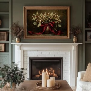 A vintage Christmas painting of mistletoe in a vase tied with a deep red bow. The artwork features warm golden and earthy tones, creating a moody, candle-lit atmosphere perfect for old-world Christmas décor. Ideal for Samsung Frame TV, this digital download adds elegance and nostalgia to any home, pairing beautifully with vintage, rustic, or dark academia holiday interiors.