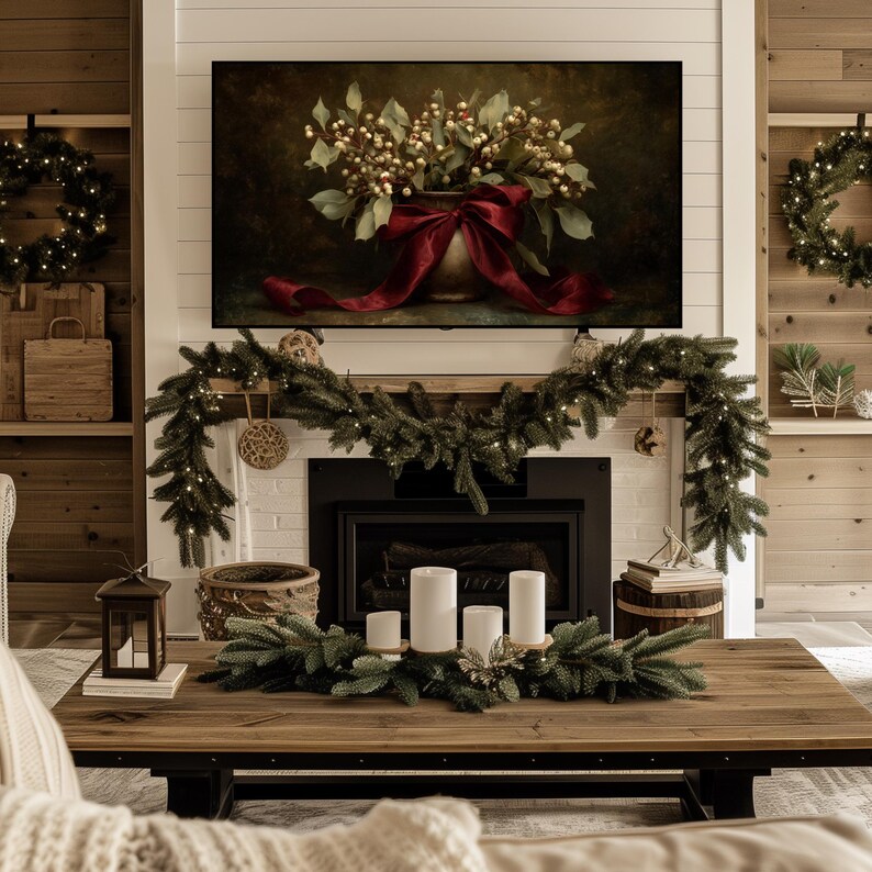 A vintage Christmas painting of mistletoe in a vase tied with a deep red bow. The artwork features warm golden and earthy tones, creating a moody, candle-lit atmosphere perfect for old-world Christmas décor. Ideal for Samsung Frame TV, this digital download adds elegance and nostalgia to any home, pairing beautifully with vintage, rustic, or dark academia holiday interiors.