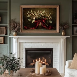 A vintage Christmas painting of mistletoe in a vase tied with a deep red bow. The artwork features warm golden and earthy tones, creating a moody, candle-lit atmosphere perfect for old-world Christmas décor. Ideal for Samsung Frame TV, this digital download adds elegance and nostalgia to any home, pairing beautifully with vintage, rustic, or dark academia holiday interiors.