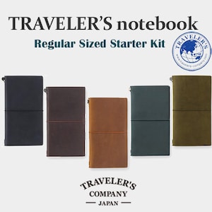 May include: Five Traveler's Company notebooks in different colors: black, brown, tan, blue, and green. The notebooks are all the same size and have a simple design. The text "TRAVELER'S notebook Regular Sized Starter Kit" is at the top of the image. The text "TRAVELER'S COMPANY JAPAN" is at the bottom of the image.